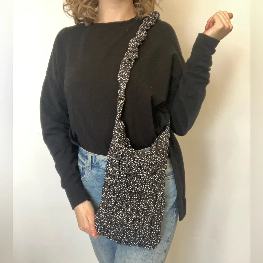 Upcycled handmade quilted fluffy Black and White Crossbody Bag - Picture 5 of 14